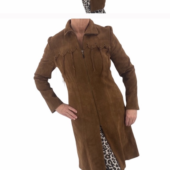 Faux Suede long brown coat with fringe size medium - Picture 5 of 12